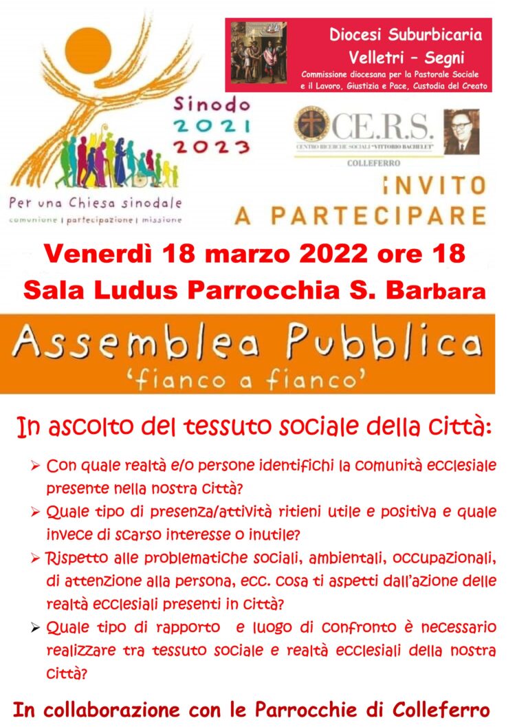 Venerdì 18 marzo 2022 ore 18 Incontro con la società civile Sala Ludus, Parrocchia S. Barbara in Colleferro (Roma)