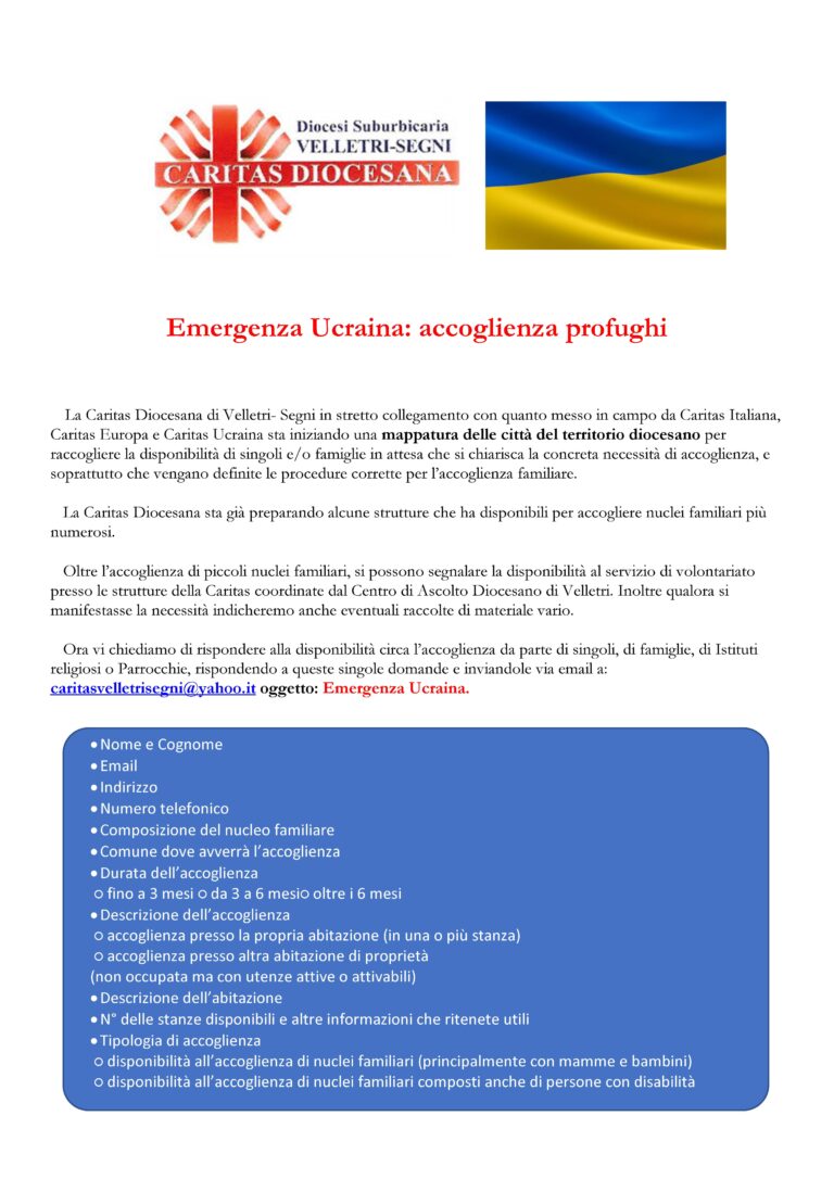 Caritas Diocesana – Emergenza Ucraina: accoglienza profughi