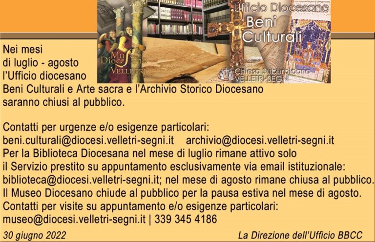 Ufficio Diocesano Beni Culturali | CHIUSURE ESTIVE