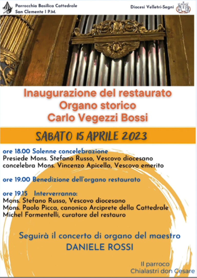 Sabato 15 Aprile – Inaugurazione e concerto Organo della Cattedrale di San Clemente