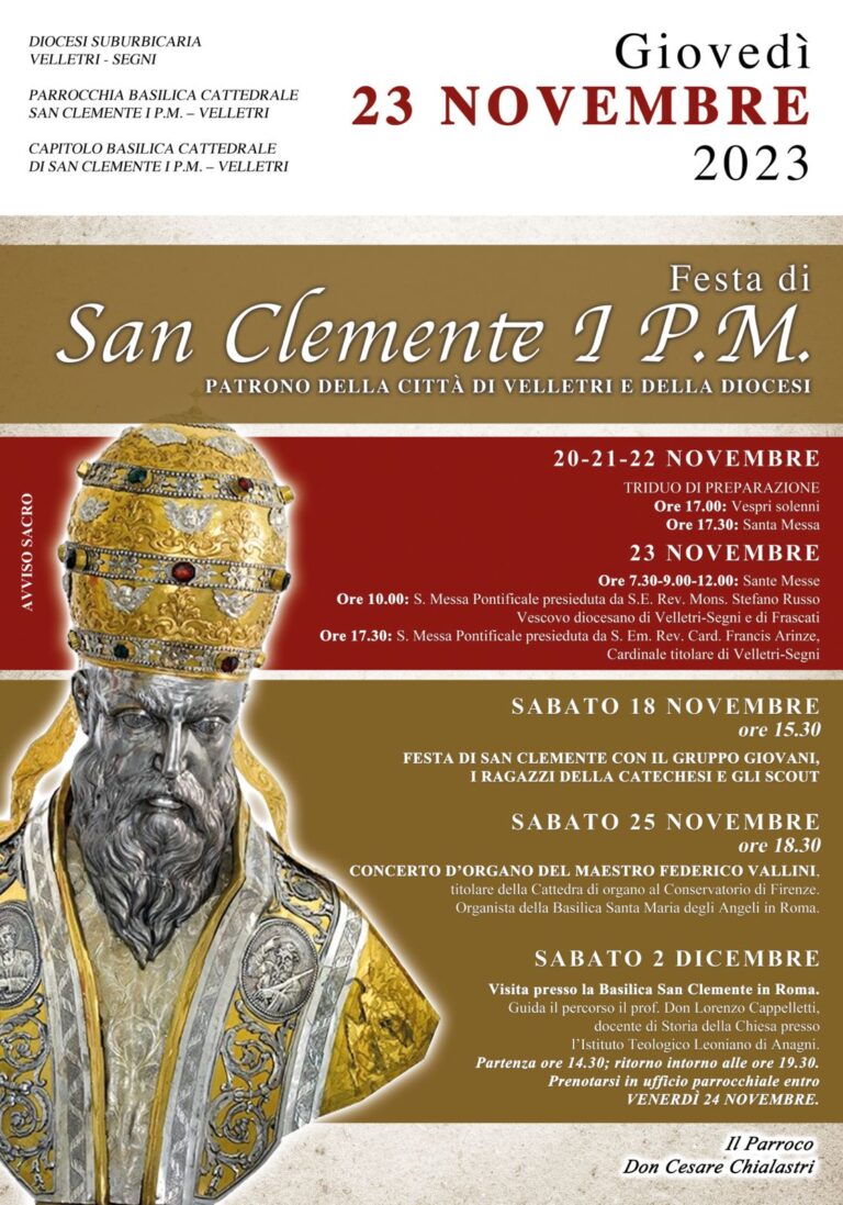 23 novembre San Clemente I P.M. – Festa del Santo Patrono della città di Velletri e della Diocesi