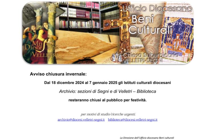 Avviso chiusura Archivi e Biblioteca diocesani per festività